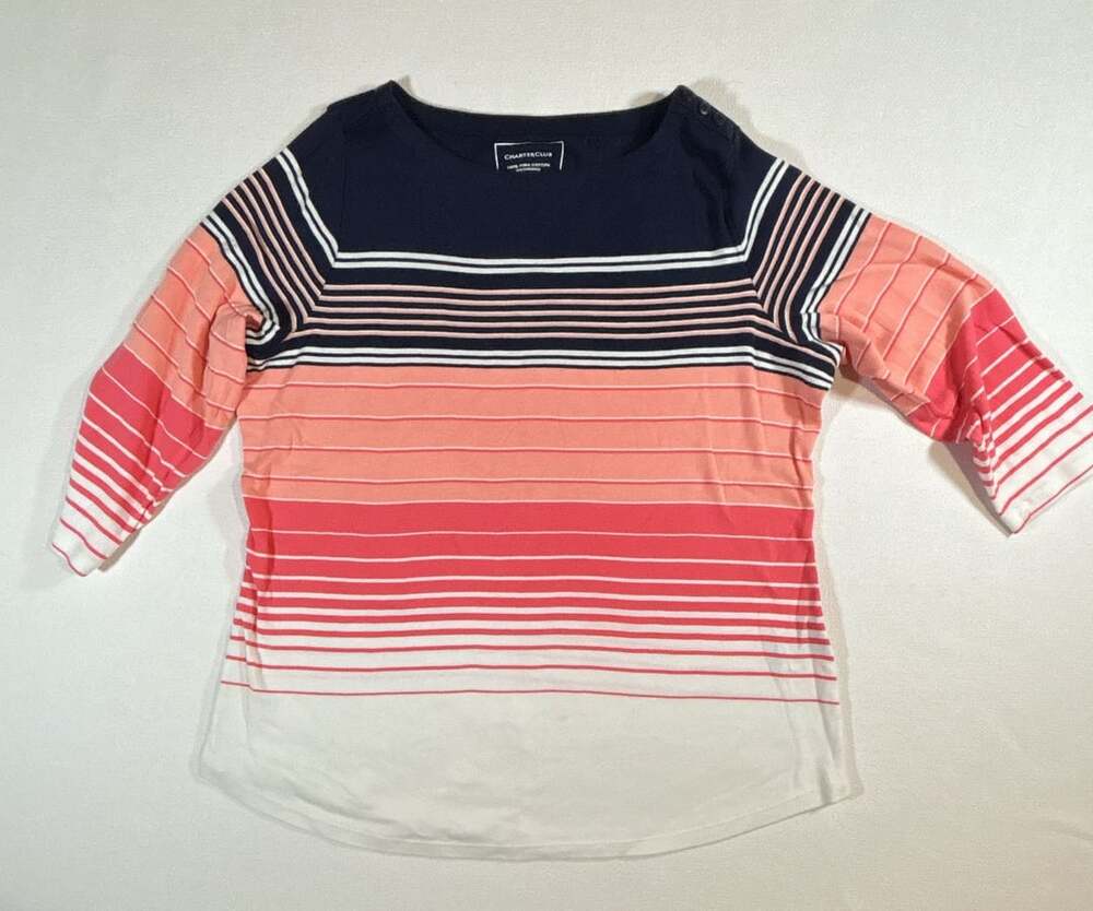Charter Club Women's Pima Cotton 3/4 Sleeve Striped Button-Shoulder Top